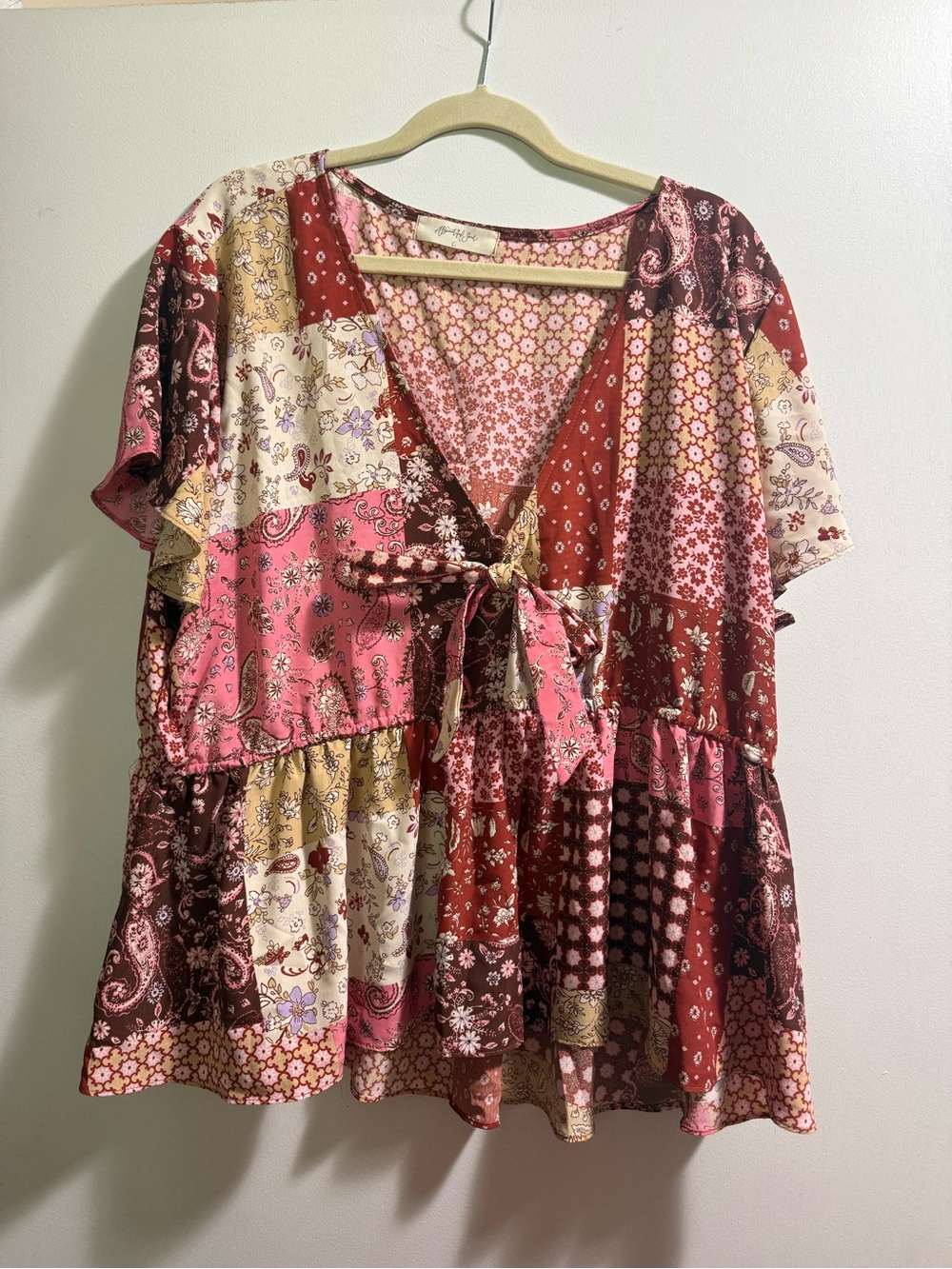 Boho Patchwork V-Neck Peplum Top - Pink & Red